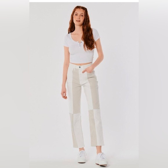 Hollister Denim - Hollister color block white and tan Ultra HighRise Vintage Straight jeans size 5